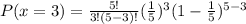 P(x = 3) = \frac{5!}{3! (5 - 3)!} (\frac{1}{5})^3(1 - \frac{1}{5})^{5-3}
