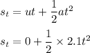 s_t=ut+\dfrac{1}{2}at^2\\\\s_t=0+\dfrac{1}{2}\times 2.1t^2