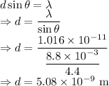 d\sin\theta=\lambda\\\Rightarrow d=\dfrac{\lambda}{\sin\theta}\\\Rightarrow d=\dfrac{1.016\times 10^{-11}}{\dfrac{8.8\times 10^{-3}}{4.4}}\\\Rightarrow d=5.08\times 10^{-9}\ \text{m}
