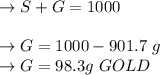 \to S+ G = 1000\\\\\to G = 1000 - 901.7\ g\\\to G = 98.3 g \ GOLD