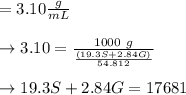 = 3.10 \frac{g}{mL} \\\\ \to 3.10 = \frac{1000 \ g}{ \frac{(19.3 S + 2.84 G)}{ 54.812}}\\\\\to 19.3 S + 2.84 G = 17681