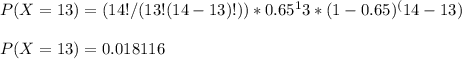 P(X = 13) = (14!/(13!(14-13)!))*0.65^13*(1-0.65)^(14-13) \\\\P(X = 13)= 0.018116