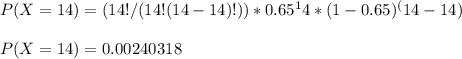P(X = 14) = (14!/(14!(14-14)!))*0.65^14*(1-0.65)^(14-14) \\\\P(X = 14)= 0.00240318