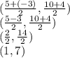 (\frac{5+(-3)}{2} ,\frac{10+4}{2} )\\(\frac{5-3}{2} ,\frac{10+4}{2} )\\(\frac{2}{2} ,\frac{14}{2} )\\(1,7)