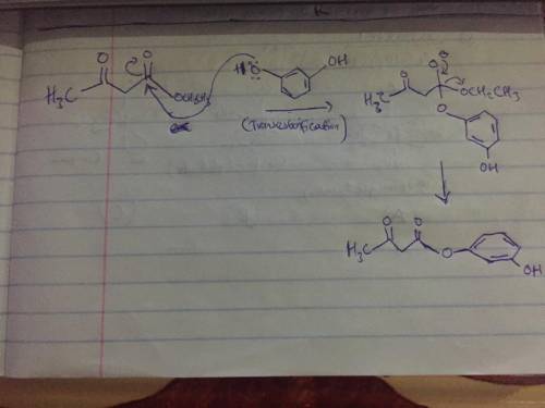 Draw the mechanism for the first step in the reaction of resorcinol with ethyl acetoacetate includin