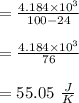 =\frac{4.184 \times 10^3}{100 -24}\\\\=\frac{4.184 \times 10^3}{76}\\\\=55.05 \ \frac{J}{K}