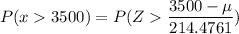 P(x  3500)= P(Z  \dfrac{3500-\mu}{214.4761})