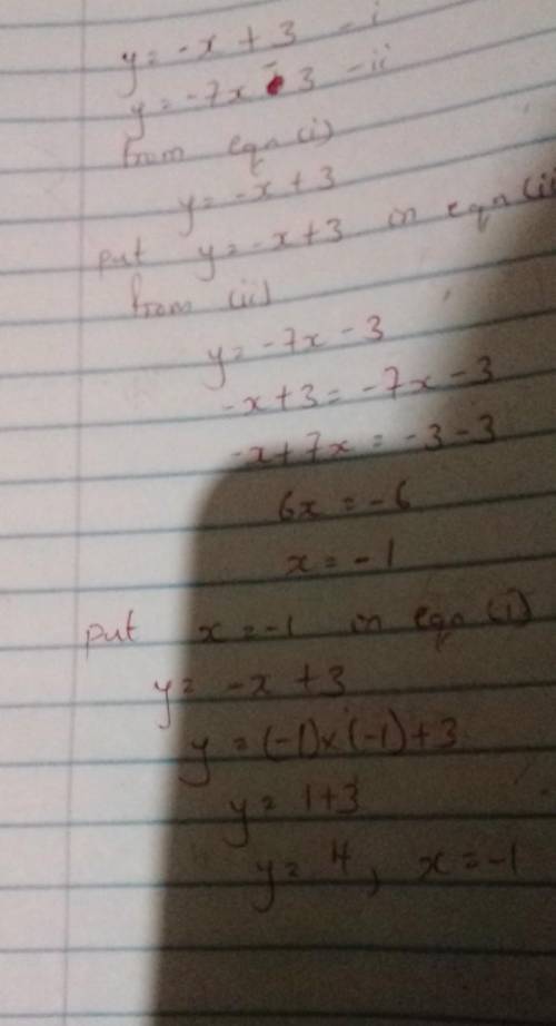 What is the answer to:
y=-x+3
y=-7x-3