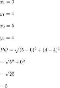 x_1 = 0\\\\y_1 = 4\\\\x_2 = 5\\\\y_2 = 4\\\\PQ = \sqrt{( 5 - 0)^2 + ( 4 - 4)^2}\\\\= \sqrt{5^2 + 0^2}\\\\= \sqrt{25}\\\\= 5