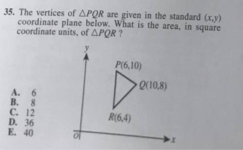 The vertices of triangle PQR are given in the standard (x,y) coordinate plane below. What is the are