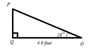 In ΔOPQ, the measure of ∠Q=90°, the measure of ∠O=26°, and QO = 4.9 feet. Find the length of PQ to t