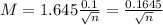 M = 1.645\frac{0.1}{\sqrt{n}} = \frac{0.1645}{\sqrt{n}}