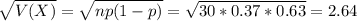 \sqrt{V(X)} = \sqrt{np(1-p)} = \sqrt{30*0.37*0.63} = 2.64