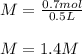 M=\frac{0.7mol}{0.5L} \\\\M=1.4 M