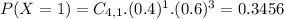 P(X = 1) = C_{4,1}.(0.4)^{1}.(0.6)^{3} = 0.3456