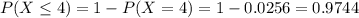 P(X \leq 4) = 1 - P(X = 4) = 1 - 0.0256 = 0.9744