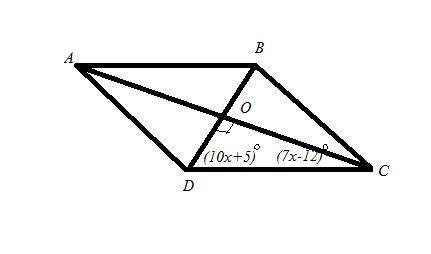 Given parallelogram ABCD. If m∠ACD = (7x – 12)° and m∠BDC = (10x + 5)°, find x. Write your response