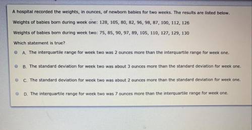 A hospital recorded the weights, in ounces, of newborn babies for two weeks. The

results are listed