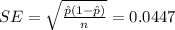 SE = \sqrt{\frac{\hat{p}(1-\hat{p})}{n}} =    0.0447