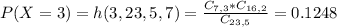 P(X = 3) = h(3,23,5,7) = \frac{C_{7,3}*C_{16,2}}{C_{23,5}} = 0.1248