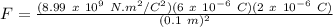 F = \frac{(8.99\ x\ 10^9\ N.m^2/C^2)(6\ x\ 10^{-6}\ C)(2\ x\ 10^{-6}\ C)}{(0.1\ m)^2}