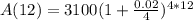 A(12) = 3100(1 + \frac{0.02}{4})^{4*12}