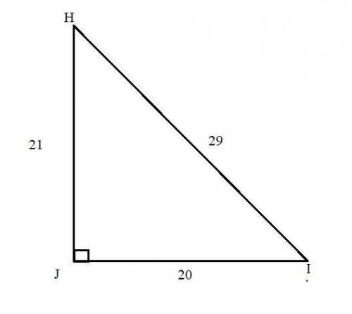n ΔHIJ, the measure of ∠J=90°, HJ = 21, JI = 20, and IH = 29. What ratio represents the cosine of ∠H
