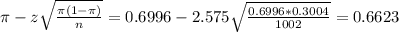 \pi - z\sqrt{\frac{\pi(1-\pi)}{n}} = 0.6996 - 2.575\sqrt{\frac{0.6996*0.3004}{1002}} = 0.6623