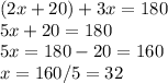 (2x+20)+3x=180\\5x+20=180\\5x=180-20=160\\x=160/5=32