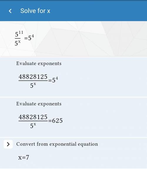 ...

Find the missing exponent. \frac{5^{11}}{5^{?}}=5^{4} 
5 
?
5 
11
​ 
=5 
4
Exponent only in the