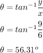 \theta = tan^{-1}{\dfrac{y}{x}}\\\\\theta = tan^{-1}{\dfrac{9}{6}}\\\\\theta = 56.31^o