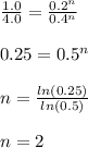 \frac{1.0}{4.0} =\frac{0.2^n}{0.4^n}\\\\0.25=0.5^n\\\\n=\frac{ln(0.25)}{ln(0.5)} \\\\n=2