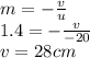 m =-\frac{v}{u}\\1.4=-\frac{v}{-20}\\v =28 cm