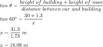 tan \ \theta = \dfrac{height\ of\ building + height\ of\  man}{distance \ between \ car \  and \ building}\\\\tan \ 60^o = \dfrac{30+1.3}{x}\\\\x = \dfrac{31.3}{1.73}\ m\\\\x = 18.09\ m