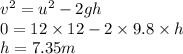 v^{2}=u^{2}-2 g h\\0 = 12\times 12 - 2 \times 9.8\times h\\h =7.35  m