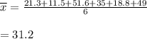 \overline{x}=\frac{21.3+11.5+51.6+35+18.8+49}{6}\\\\=31.2