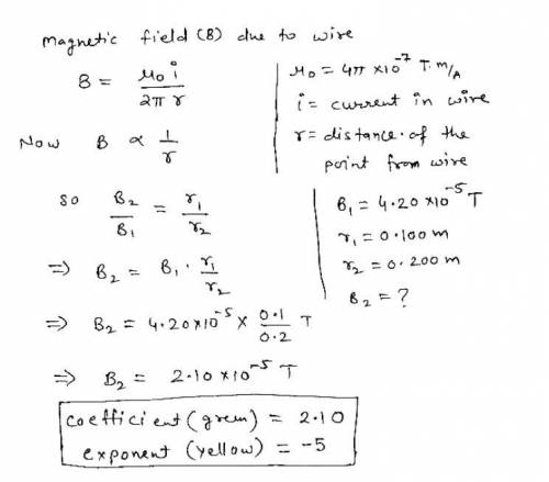 The magnetic field 0.100 m from a

wire is 4.20 x 10-5 T. What is the field
0.200 m from the wire (t