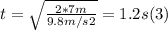 t = \sqrt{\frac{2*7m}{9.8m/s2}} = 1.2 s (3)