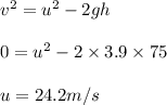 v^{2} = u^{2} - 2 g h \\\\0 = u^{2} -2\times 3.9\times 75\\\\u=24.2m/s