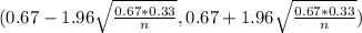 (0.67 - 1.96\sqrt{\frac{0.67*0.33}{n}}, 0.67 + 1.96\sqrt{\frac{0.67*0.33}{n}})