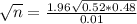 \sqrt{n} = \frac{1.96\sqrt{0.52*0.48}}{0.01}