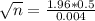 \sqrt{n} = \frac{1.96*0.5}{0.004}