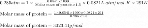 0.285atm=1\times \frac{0.0541\times 1000}{\text{Molar mass of protein}\times 1.5}\times 0.0821L.atm/mol.K\times 291K\\\\\text{Molar mass of protein}=\frac{1\times 0.0541\times 1000\times 0.0821\times 291}{0.285\times 1.5}\\\\\text{Molar mass of protein}=3023.41g/mol