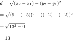 d = \sqrt{ (x_{2} -x_{1}) - (y_{2}-y_{1} ) ^{2} }\\\\= \sqrt{ (9 -(-5))^{2}  - ((-2)-(-2)) ^{2} }}\\\\=\sqrt{13^{2} - 0}\\\\= 13