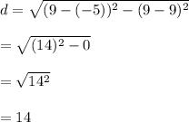 d = \sqrt{(9-(-5)  )^{2} - (9-9  )^{2}}\\\\= \sqrt{(14  )^{2} - 0}\\\\=\sqrt{14^{2}}}\\\\= 14