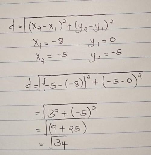 What is the distance between (-8, 0) and (-5, -5)?