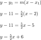 y-y_1=m(x-x_1)\\\\y-11=\frac{5}{2} (x-2)\\\\y-11=\frac{5}{2}x-5\\\\y=\frac{5}{2}x+6