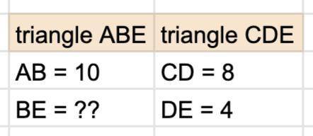 In the similar triangle ABE and triangle CDE,AB=10cm,ED=4cm,CD=8cm find the length of BC​