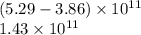 (5.29 - 3.86) \times 10 {}^{11 }  \\ 1.43 \times 10 {}^{11}