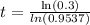 t = \frac{\ln(0.3)}{ln(0.9537)}